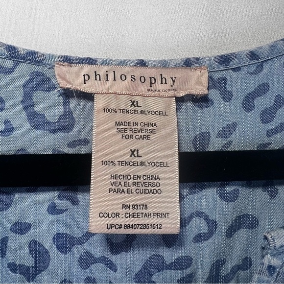 Philosophy Womans Tunic Flowy Roll Tab SIve Blue V Neck Denim Lepord Print XL - Picture 6 of 13